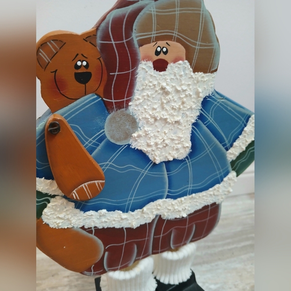 Vintage hand painted wood folk art Santa & Teddy textured beard Christmas decor - Picture 7 of 8